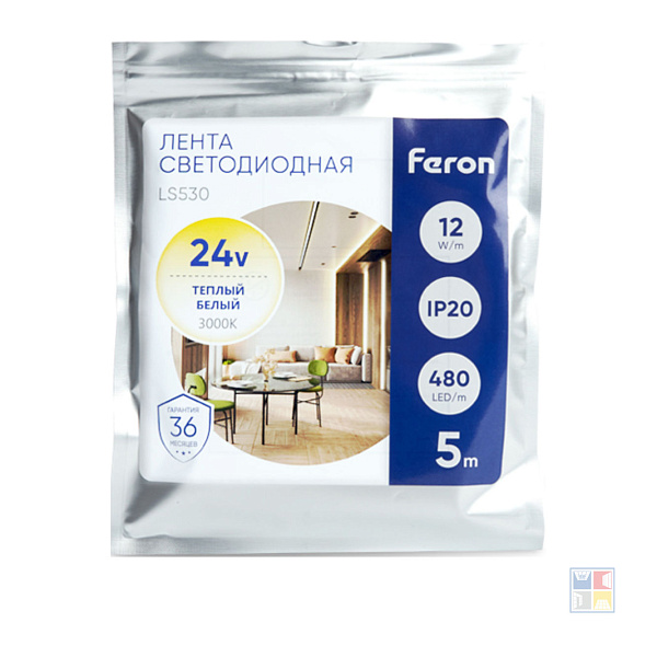 Лента светодиодная, 480SMD/м,12W/m 24V, 5м, 3000К 