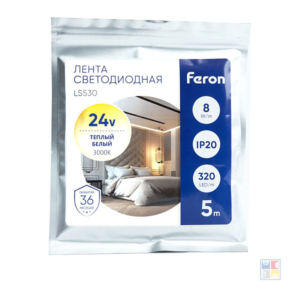 Лента светодиодная, 320SMD/м, 8W/m 24V, 5м, 3000К 