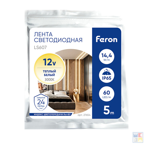 Лента светодиодная, 60SMD/м, 14.4W/m 12V, 5м, 3000К 