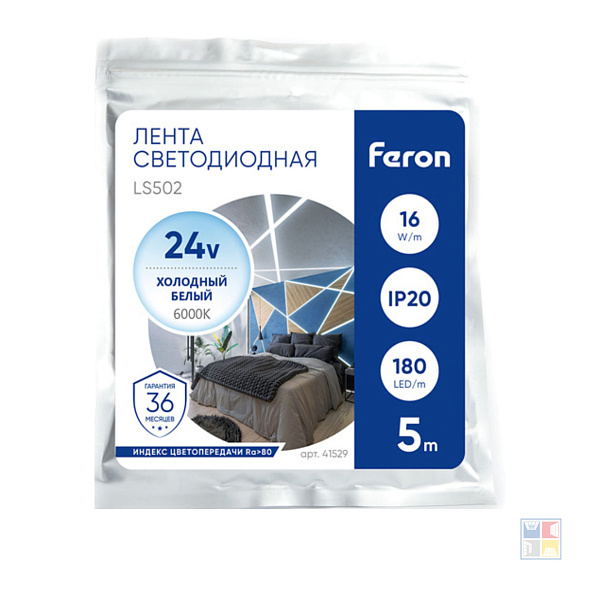 Лента светодиодная, 180SMD/м, 16W/m 24V, 5м, 6000К 