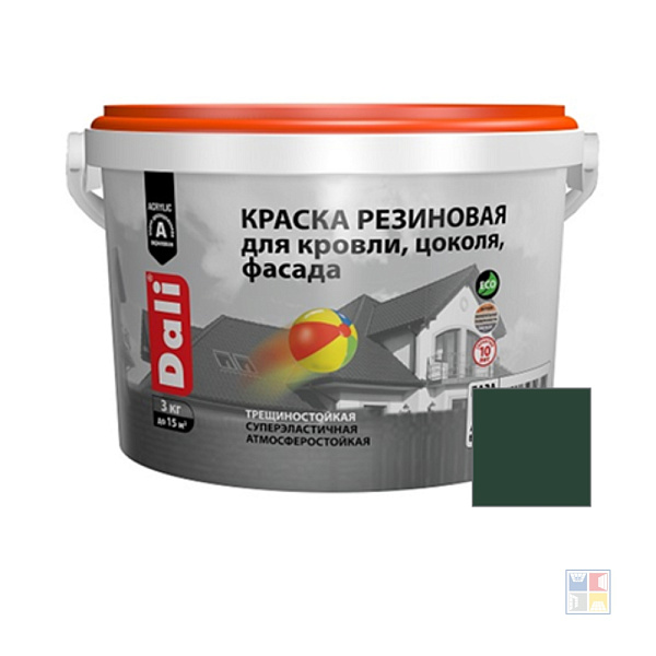 Краска резиновая для кровли, цоколя, фасада зеленый мох 3 кг 